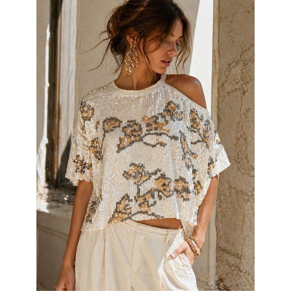 Free People Sequin Cutout Shoulder Top Ivory FP Collection XS Boho Luxe Festival
